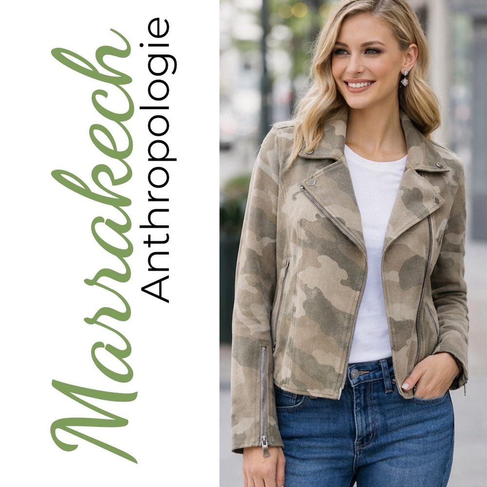 Marrakech Anthropologie Camo Moto Jacket Soft Suede-Look‎ Utility Size Small